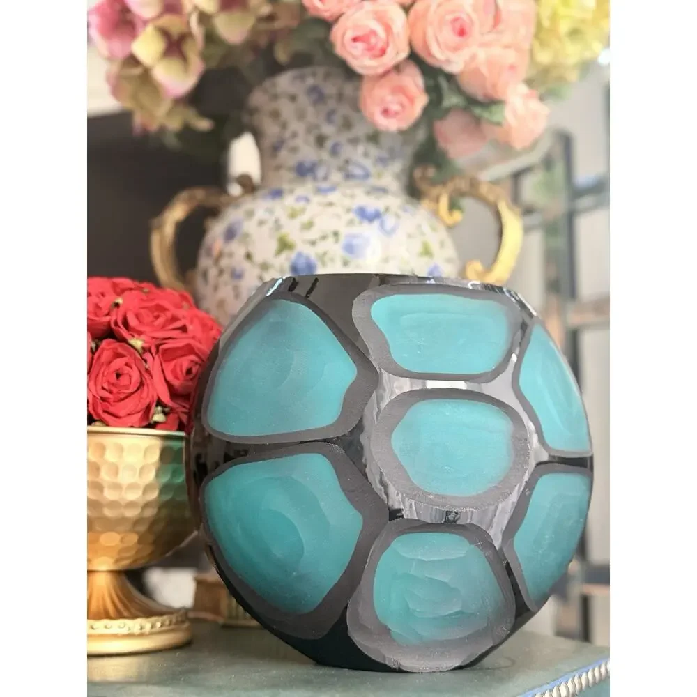 Vintage Murano Battuto Eclectic Glass Vase Turquoise Black Italian Art Glass